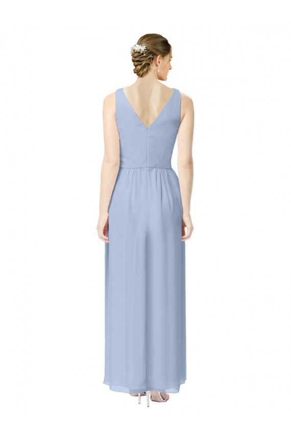 Periwinkle Trapèze Col V Mousseline Longue Robes demoiselle d'honneur Grossiste