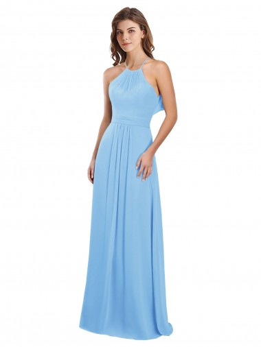 Periwinkle Trapèze Licou Mousseline Longue Robes demoiselle d'honneur Grossiste