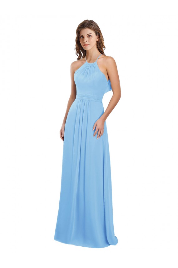 Periwinkle Trapèze Licou Mousseline Longue Robes demoiselle d'honneur Grossiste