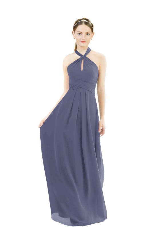 Pierre d'argent Trapèze Licou Mousseline Longue Robes demoiselle d'honneur Grossiste