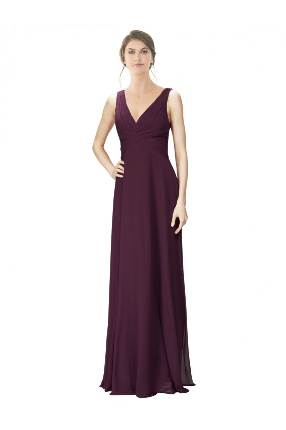 Pourpre Trapèze Col V Mousseline Dentelle Longue Robes demoiselle d'honneur Grossiste