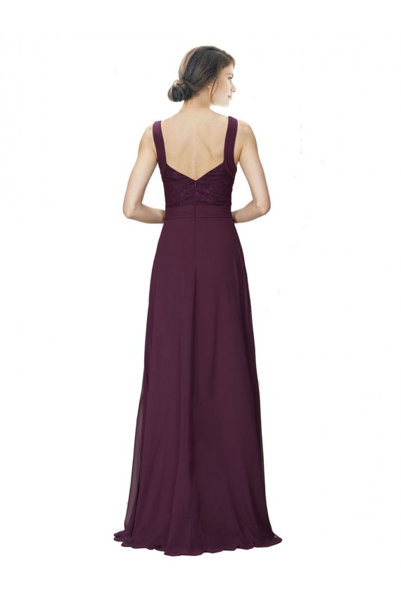 Pourpre Trapèze Col V Mousseline Dentelle Longue Robes demoiselle d'honneur Grossiste