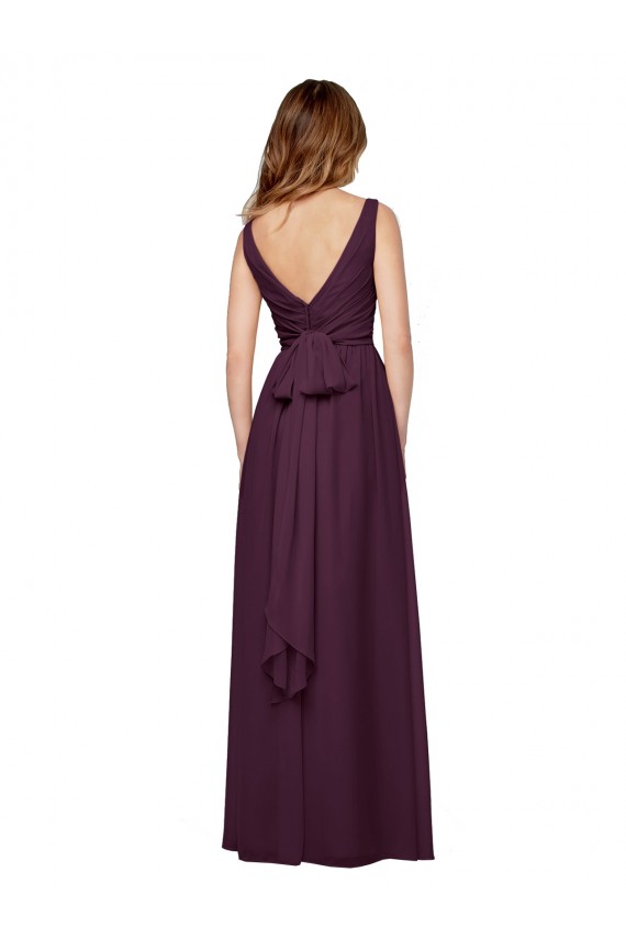 Pourpre Trapèze Col V Mousseline Longue Robes demoiselle d'honneur Grossiste