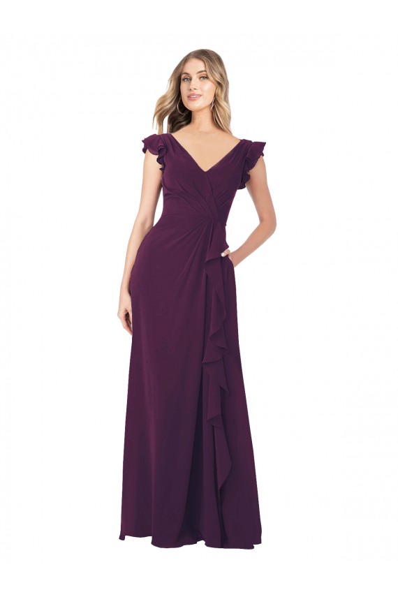 Pourpre Trapèze Col V Mousseline Longue Robes demoiselle d'honneur Grossiste