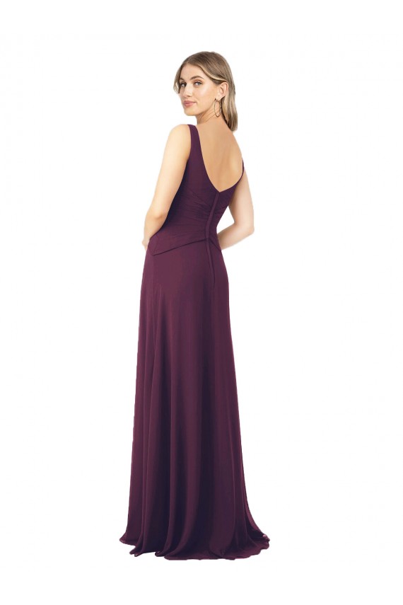 Pourpre Trapèze Col V Mousseline Longue Robes demoiselle d'honneur Grossiste