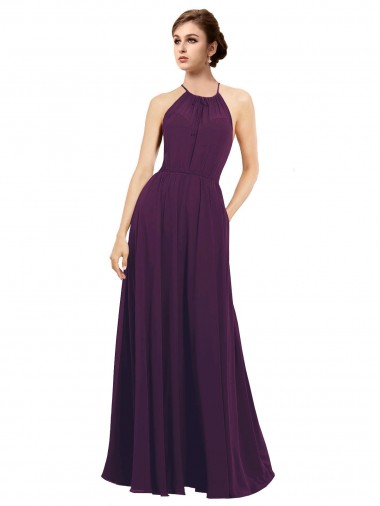 Pourpre Trapèze Licou Mousseline Longue Robes demoiselle d'honneur Grossiste
