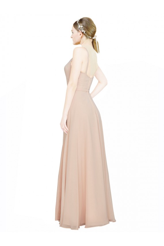 Rose 114 Trapèze Col V Mousseline Longue Robes demoiselle d'honneur Grossiste