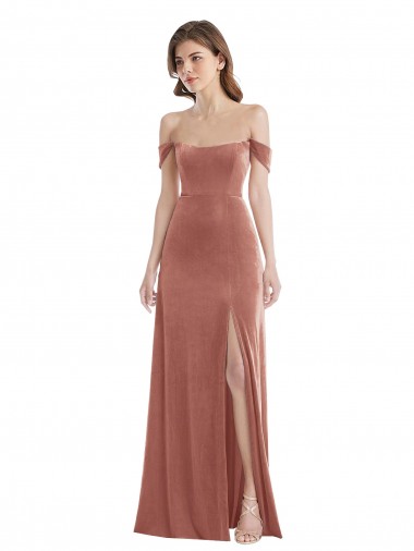 Rose Cannelle Trapèze Épaule Dénudée Velours Stretch Longue Robes demoiselle d'honneur / Robes de bal Grossiste