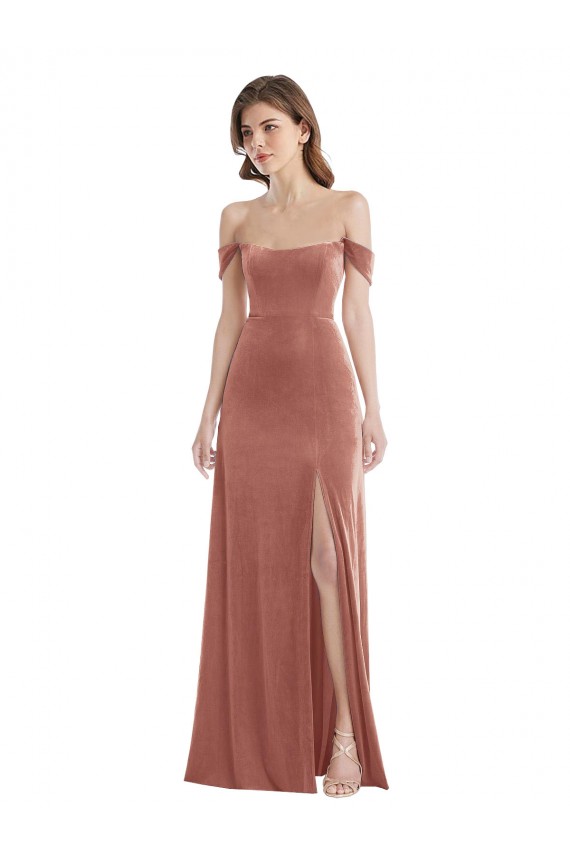 Rose Cannelle Trapèze Épaule Dénudée Velours Stretch Longue Robes demoiselle d'honneur / Robes de bal Grossiste
