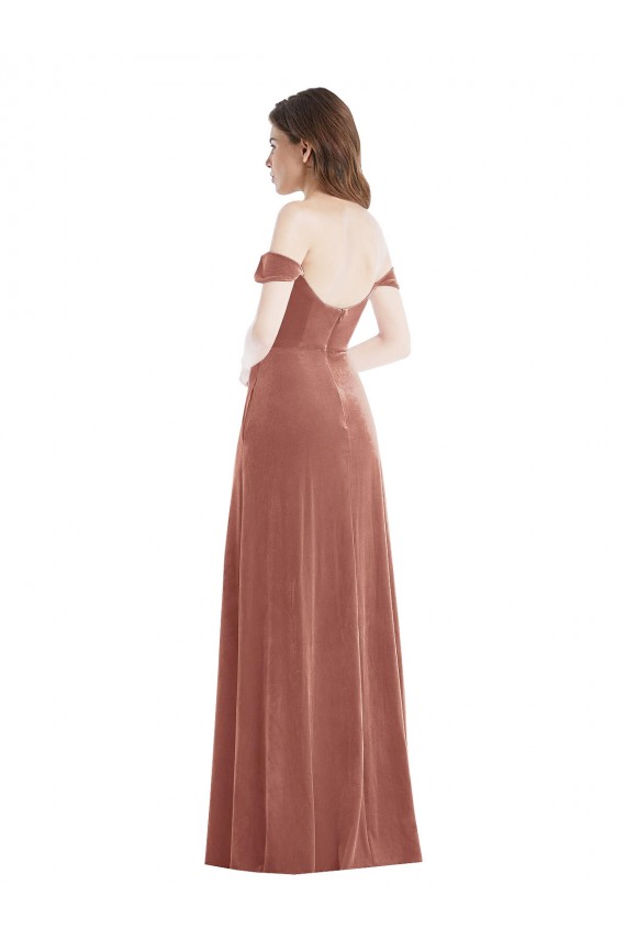 Rose Cannelle Trapèze Épaule Dénudée Velours Stretch Longue Robes demoiselle d'honneur / Robes de bal Grossiste