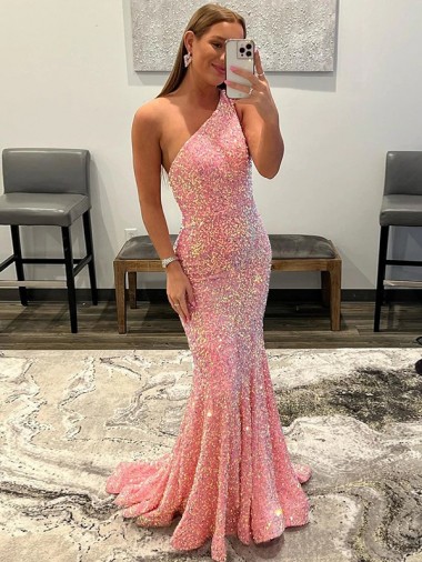 Rose Fourreau Balayage train Paillettes Velours Longue Robes de bal Grossiste