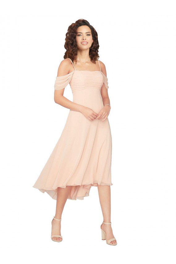 Rose Glacé Trapèze Col Carré midi Mousseline Courte Asymétrique Robes demoiselle d'honneur Grossiste