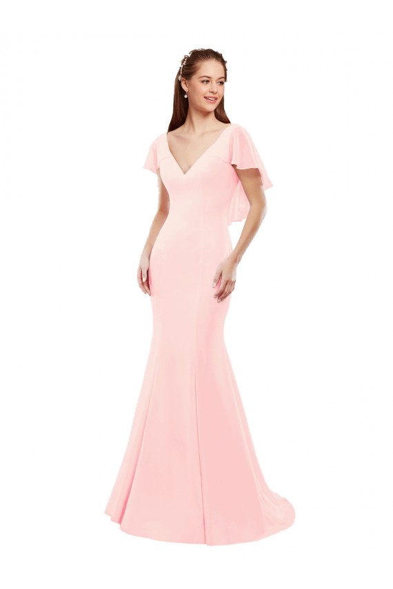 Rose Sirène Col V Mousseline Longue Robes demoiselle d'honneur Grossiste