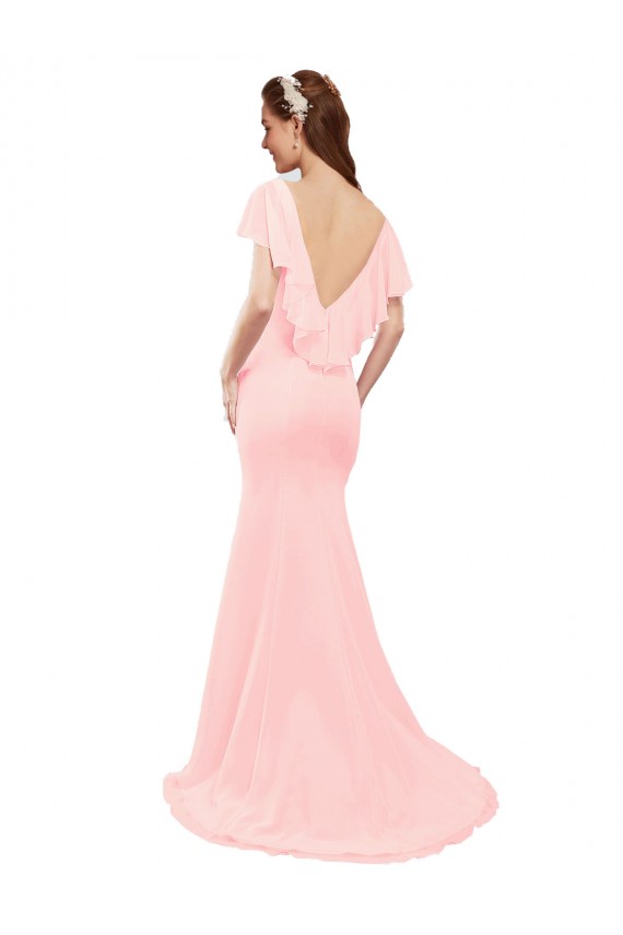 Rose Sirène Col V Mousseline Longue Robes demoiselle d'honneur Grossiste