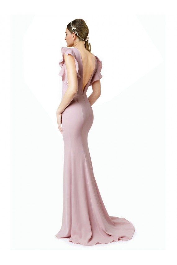 Rose Sirène Col bijou Balayage train Crêpe Stretch Longue Robes demoiselle d'honneur / Robes de bal Grossiste