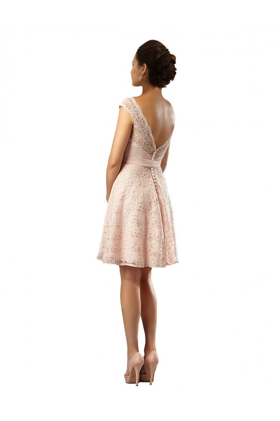 Rose Trapèze Bateau Illusion Mousseline Dentelle Courte Robes demoiselle d'honneur Grossiste
