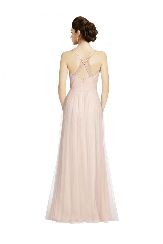 Rose Trapèze Bretelles spaghetti Tulle Longue Robes demoiselle d'honneur Grossiste