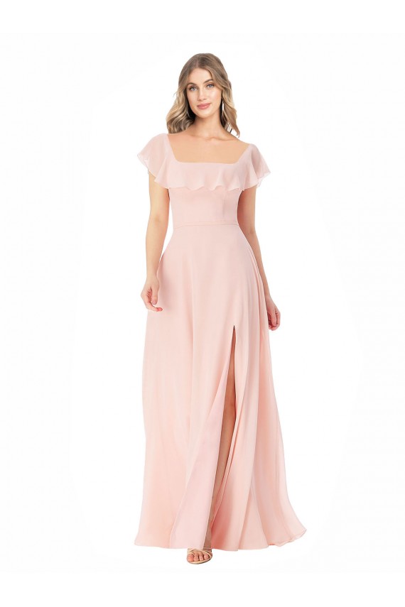 Rose Trapèze Col Carré Mousseline Longue Robes demoiselle d'honneur Grossiste