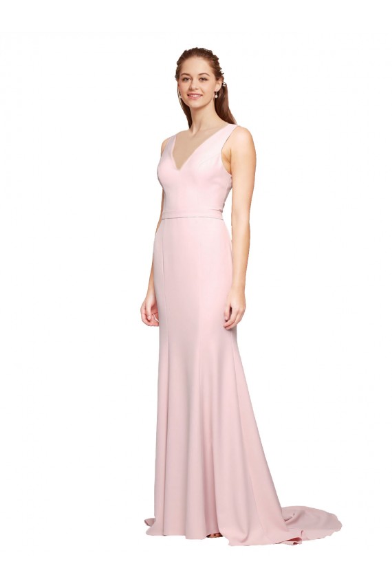 Rose Trapèze Col V Balayage train Crêpe Stretch Longue Robes demoiselle d'honneur / Robes de bal Grossiste