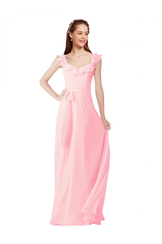 Rose Trapèze Col V Mousseline Longue Robes demoiselle d'honneur Grossiste