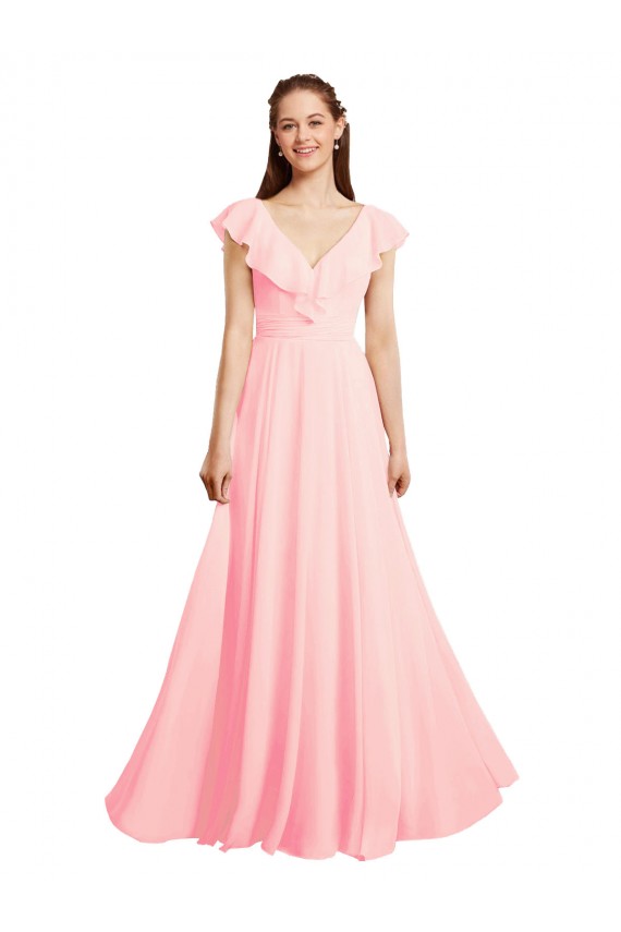 Rose Trapèze Col V Mousseline Longue Robes demoiselle d'honneur Grossiste