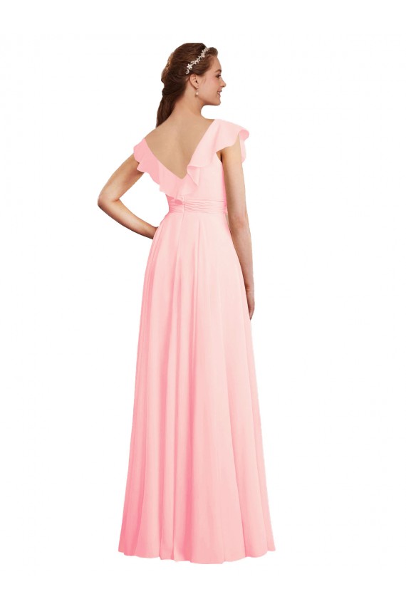 Rose Trapèze Col V Mousseline Longue Robes demoiselle d'honneur Grossiste
