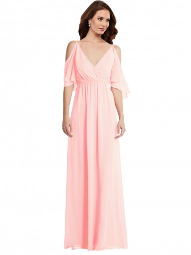 Rose Trapèze Col V Mousseline Longue Robes demoiselle d'honneur Grossiste