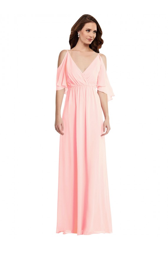 Rose Trapèze Col V Mousseline Longue Robes demoiselle d'honneur Grossiste