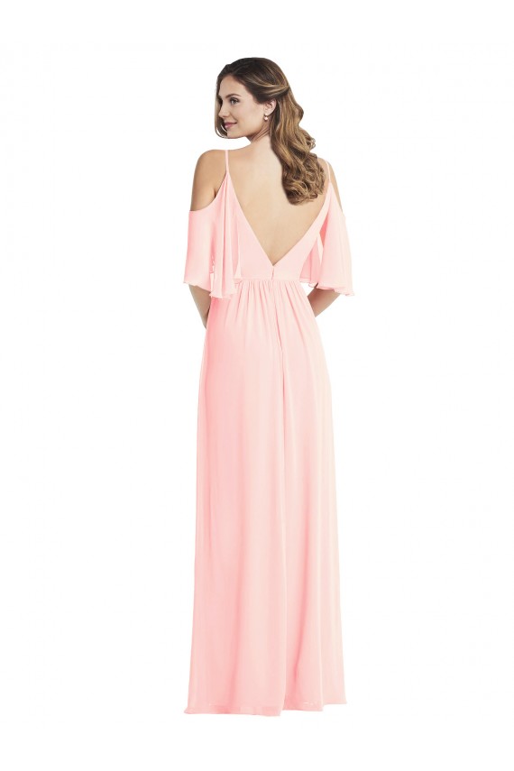 Rose Trapèze Col V Mousseline Longue Robes demoiselle d'honneur Grossiste