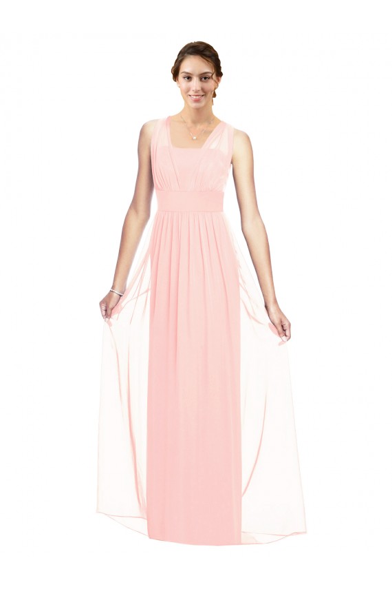 Rose Trapèze Col V Mousseline Longue Robes demoiselle d'honneur Grossiste