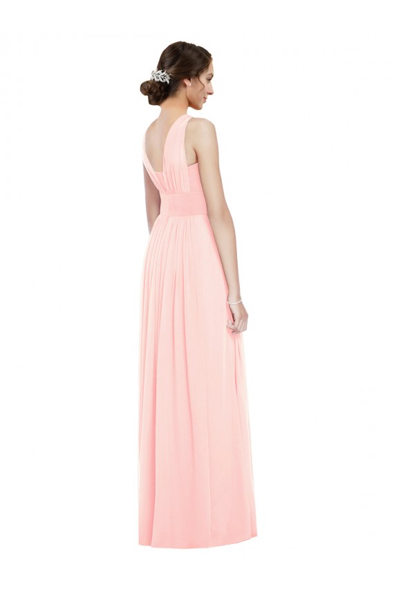 Rose Trapèze Col V Mousseline Longue Robes demoiselle d'honneur Grossiste