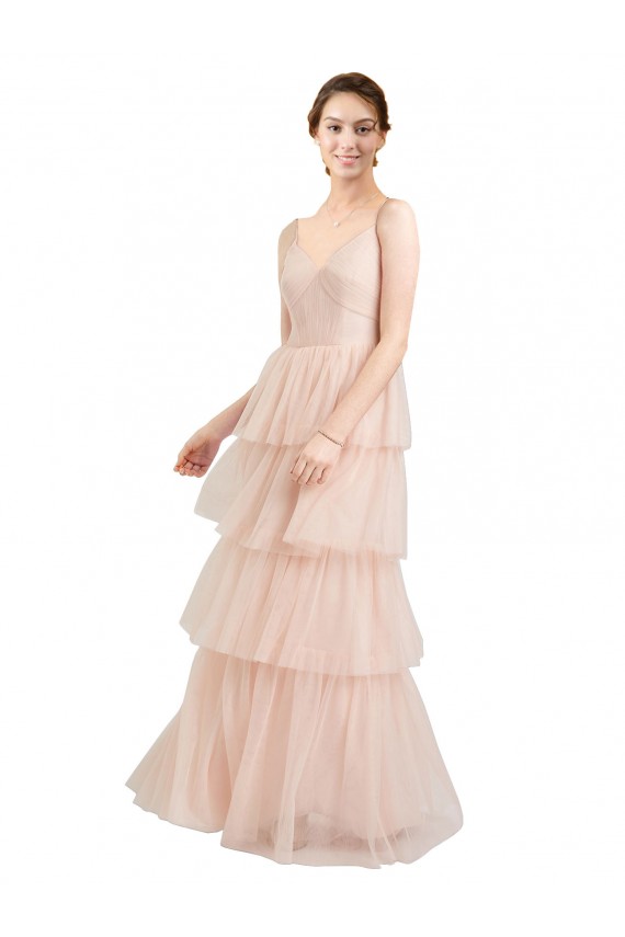 Rose Trapèze Col V Tulle Longue Robes demoiselle d'honneur Grossiste