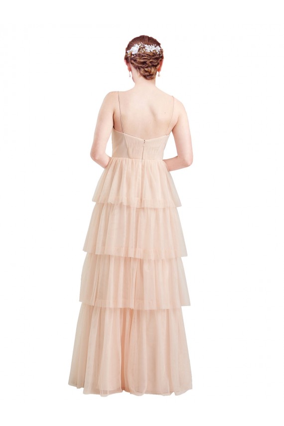 Rose Trapèze Col V Tulle Longue Robes demoiselle d'honneur Grossiste
