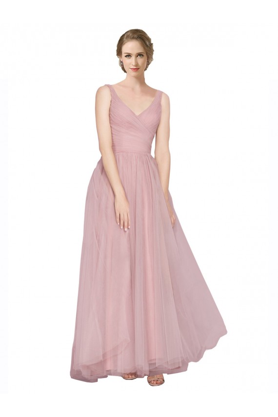 Rose Trapèze Col V Tulle Longue Robes demoiselle d'honneur Grossiste