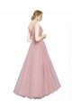 Rose Trapèze Col V Tulle Longue Robes demoiselle d'honneur Grossiste