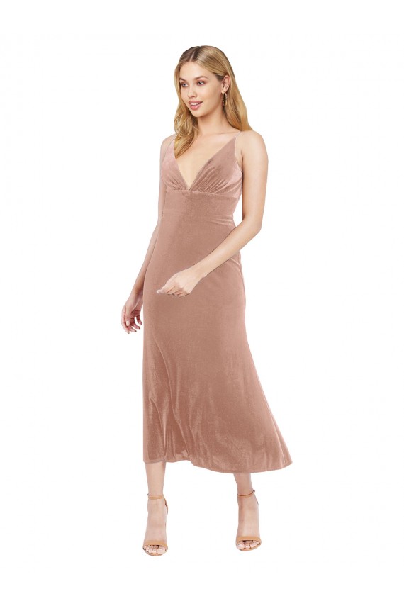 Rose Trapèze Col V midi Velours Stretch Courte Robes demoiselle d'honneur / Robes de bal / Robes de cocktail Grossiste