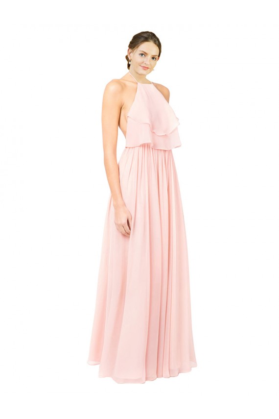 Rose Trapèze Licou Mousseline Longue Robes demoiselle d'honneur Grossiste