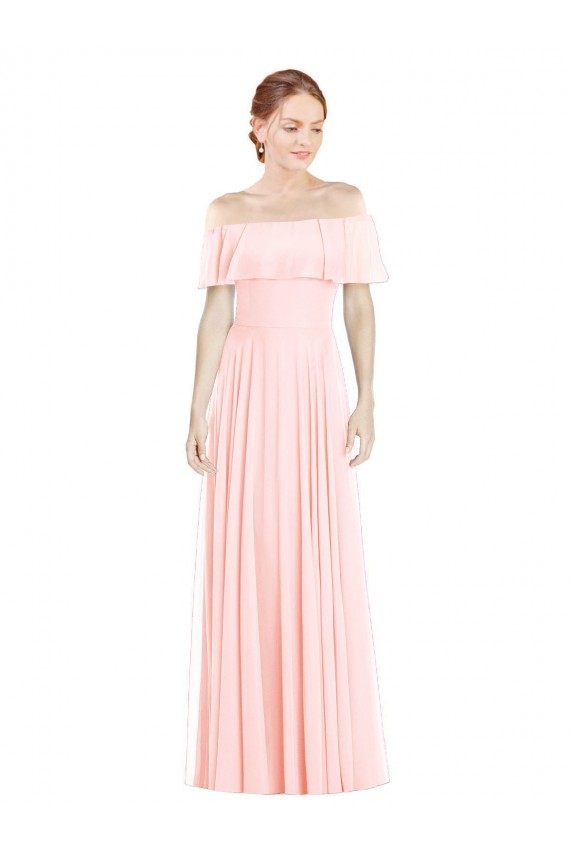 Rose Trapèze Épaule Dénudée Col Carré Mousseline Longue Robes demoiselle d'honneur Grossiste