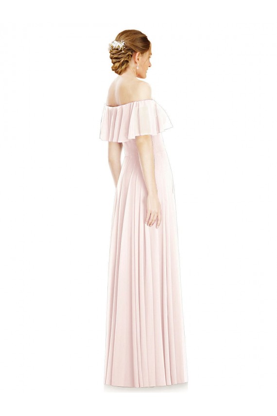 Rose Trapèze Épaule Dénudée Col Carré Mousseline Longue Robes demoiselle d'honneur Grossiste