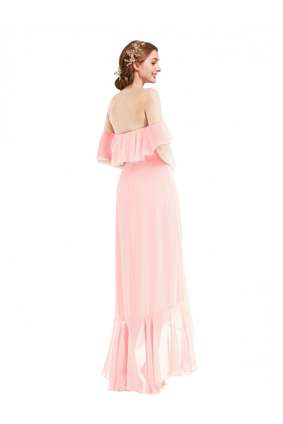 Rose Trapèze Épaule Dénudée Mousseline Longue Asymétrique Robes demoiselle d'honneur Grossiste