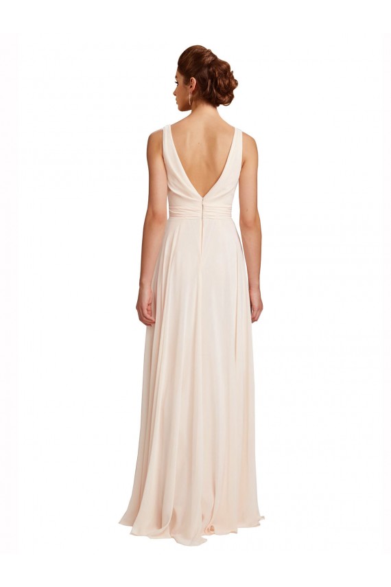 Rose crème Trapèze Bateau Col Haut Mousseline Longue Robes demoiselle d'honneur Grossiste