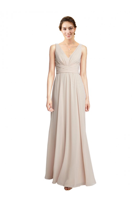 Rose crème Trapèze Col V Mousseline Longue Robes demoiselle d'honneur Grossiste