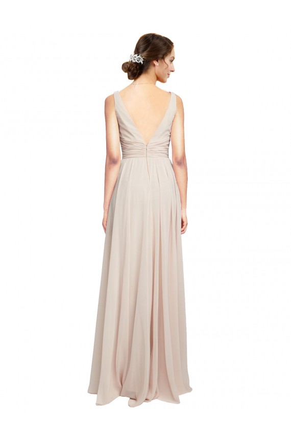 Rose crème Trapèze Col V Mousseline Longue Robes demoiselle d'honneur Grossiste