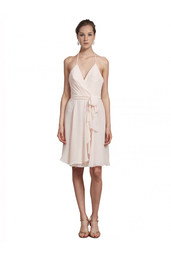 Rose crème Trapèze Licou Col V Mousseline Courte Robes demoiselle d'honneur / Robes de cocktail Grossiste