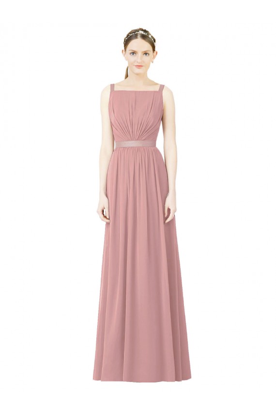 Rose poussiéreux Trapèze Col Haut Mousseline Longue Robes demoiselle d'honneur Grossiste