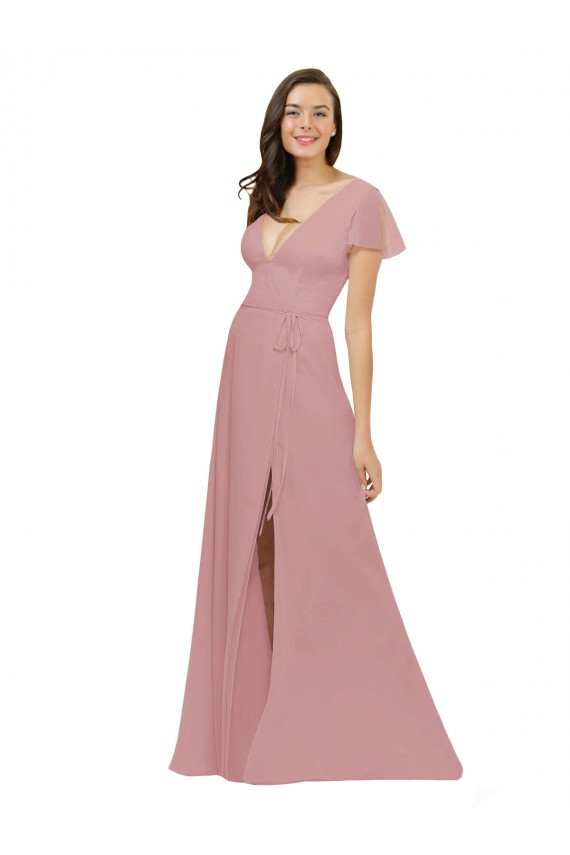 Rose poussiéreux Trapèze Col V Mousseline Longue Robes demoiselle d'honneur Grossiste