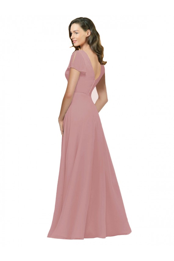 Rose poussiéreux Trapèze Col V Mousseline Longue Robes demoiselle d'honneur Grossiste