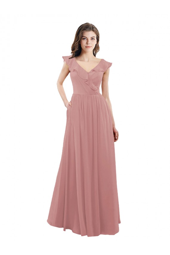 Rose poussiéreux Trapèze Col V Mousseline Longue Robes demoiselle d'honneur Grossiste