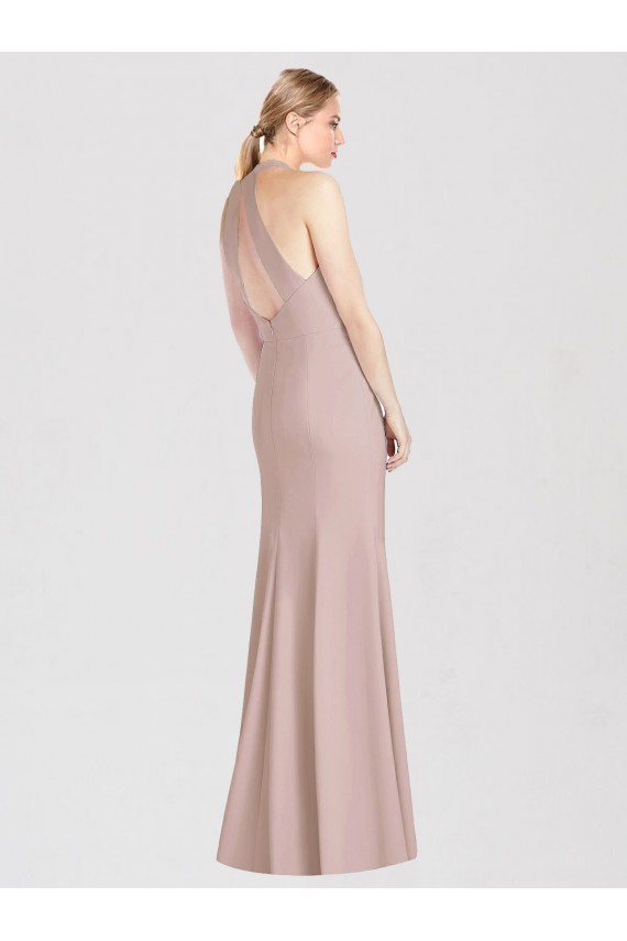 Rose poussiéreux Trompette Licou Crêpe Stretch Longue Robes demoiselle d'honneur Grossiste
