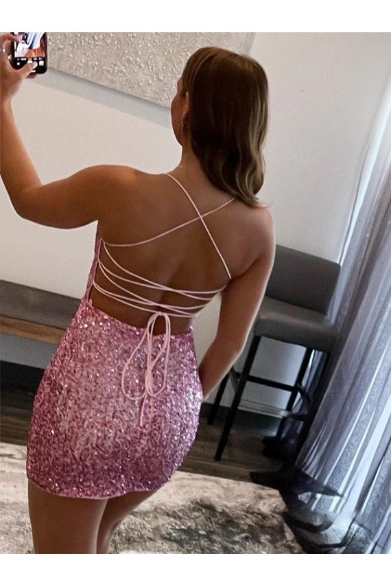 Rose vif Fourreau Bretelles spaghetti Courte Paillettes Velours Courte Robes de bal Grossiste